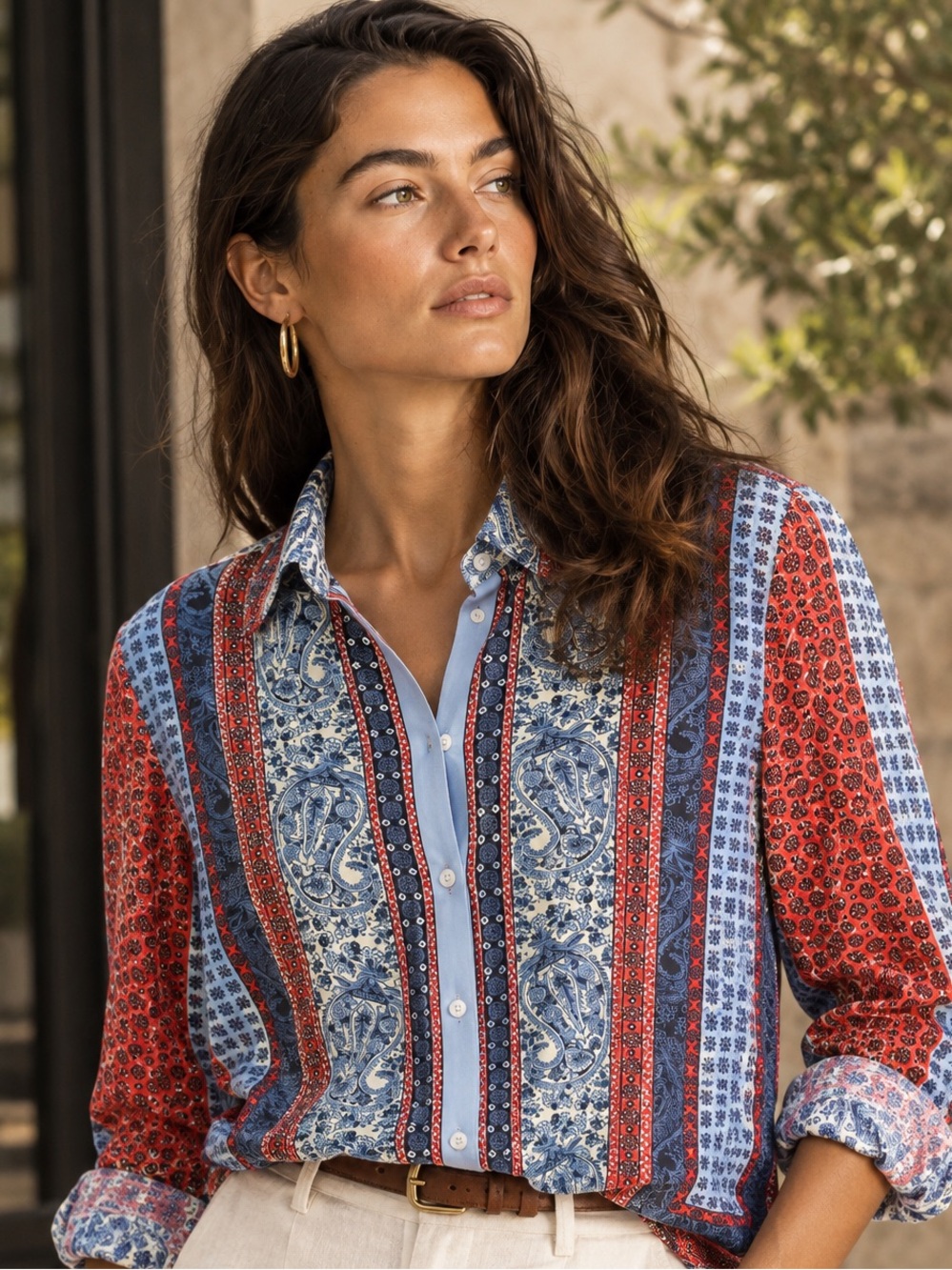Women's Red & Blue Patterned Button-Front Blouse by Betty Barclay.